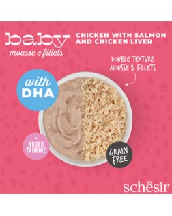 Doble textura y beneficios del Schesir Baby húmedo gato mousse/filetes pollo y salmón 3x55 gr