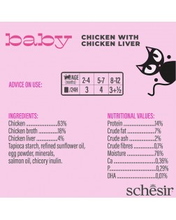 Ingredientes y Valores del Schesir Baby húmedo gato filetes hígado de pollo 70 gr