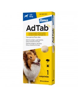 Paquete Adtab antiparasitario para perro. Blanca y amarilla con un perro en la portada. 900mg 22 a 45 kilos.